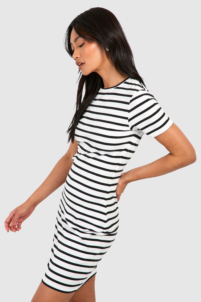 Womens Premium Super Soft Short Sleeve Stripe Bodycon Mini Dress - White - 8, White