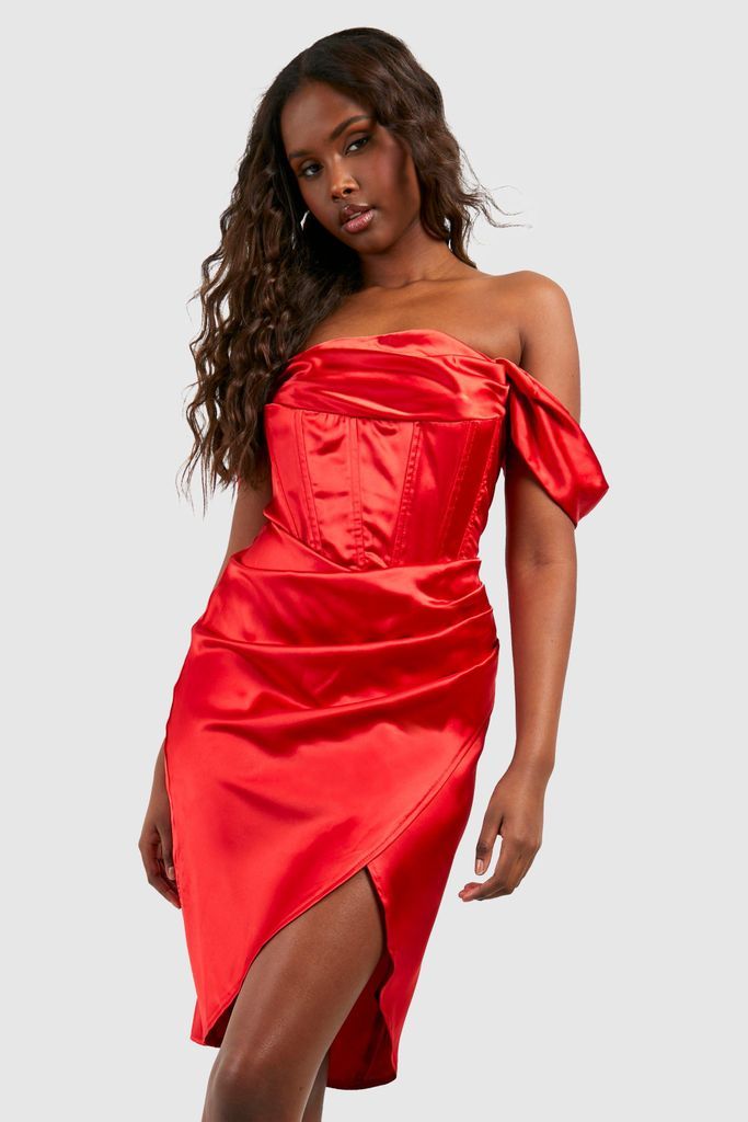 Womens Satin Corset Off Shoulder Midi Dress - Red - 8, Red