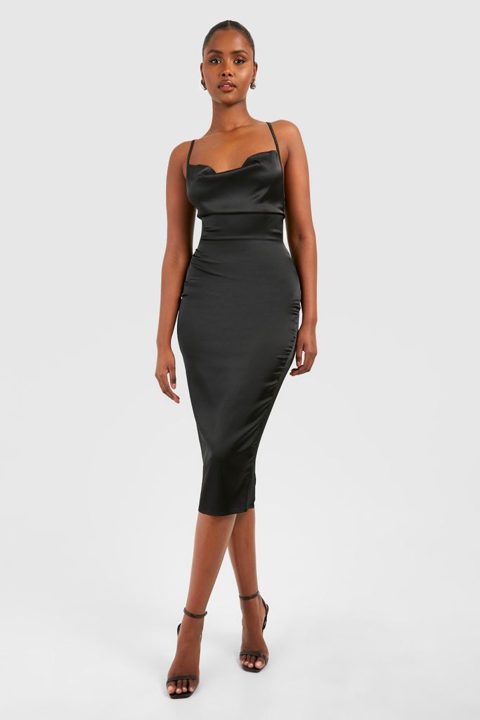 Womens Satin Cowl Neck Lace Back Midi Dress - Black - 8, Black