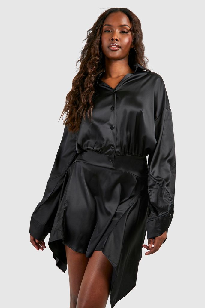 Womens Satin Frill Hem Shirt Dress - Black - 8, Black