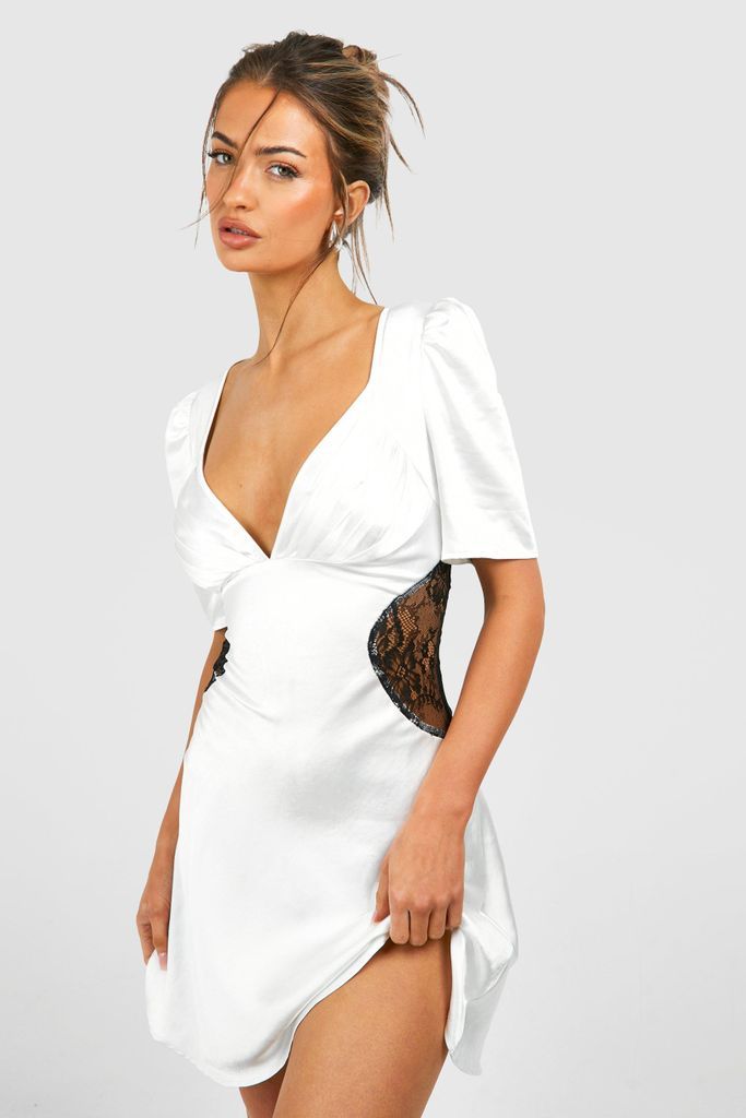 Womens Satin Lace Detail Mini Dress - White - 8, White