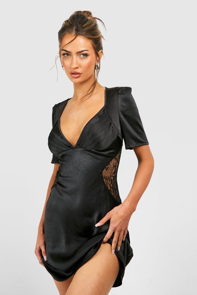 Womens Satin Lace Detail Mini Dress - Black - 8, Black