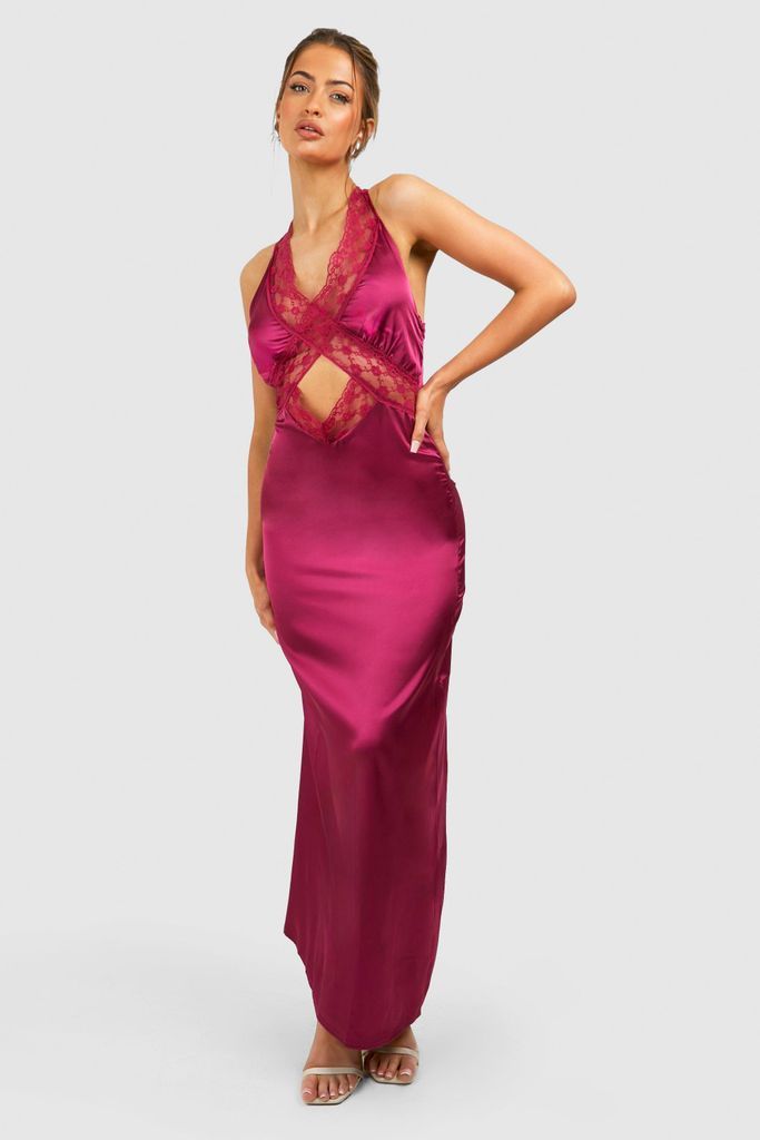 Womens Satin Lace Trim Cut Out Maxi Slip Dress - Pink - 8, Pink