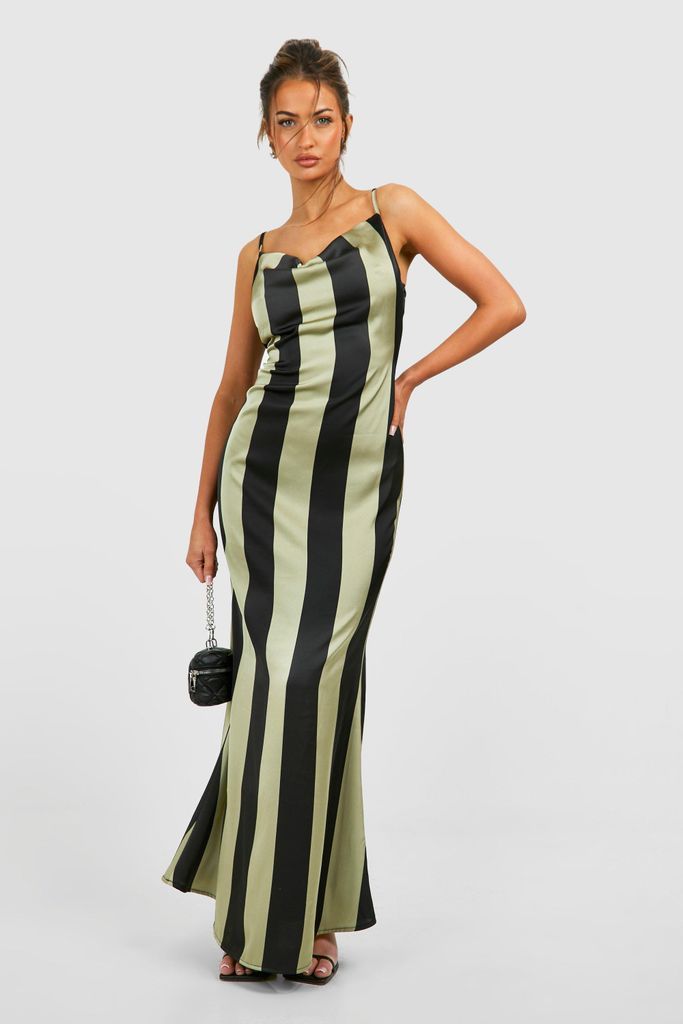 Womens Satin Stripe Cowl Maxi Slip Dress - Green - 8, Green