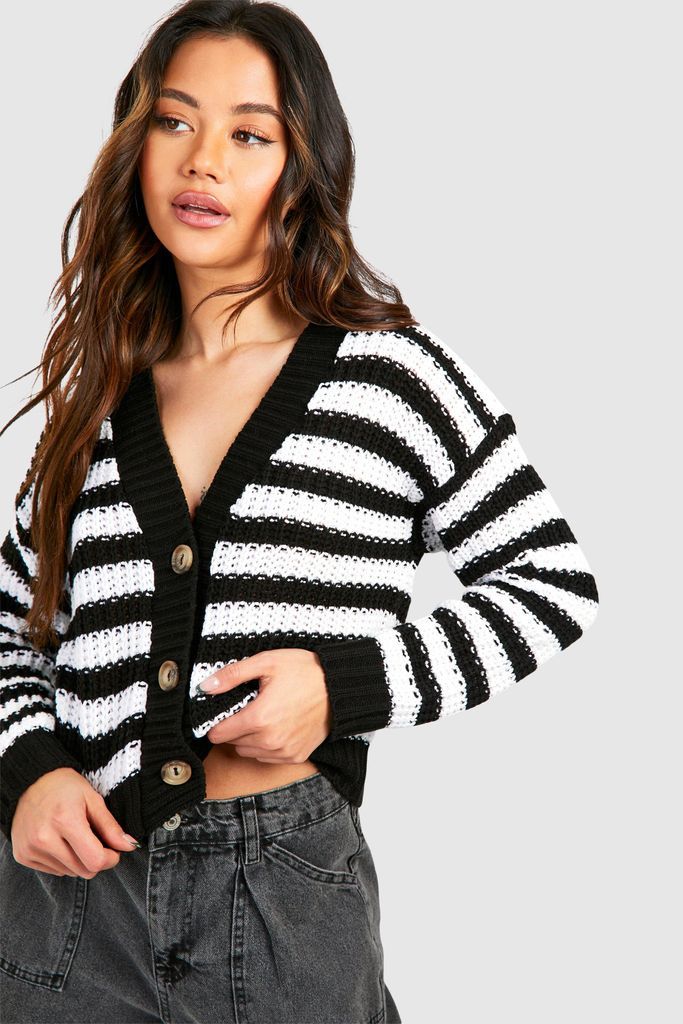 Womens Skinny Stripe Button Through Crop Cardigan - Black - S, Black