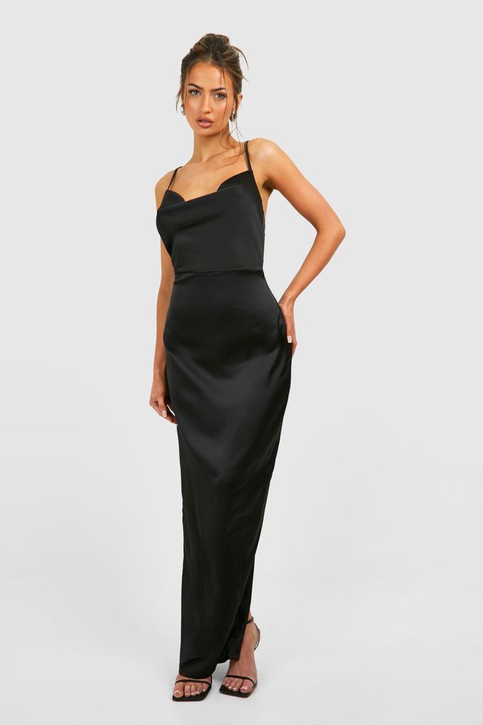 Womens Strappy Luxe Satin Cowl Neck Maxi Dress - Black - 8, Black