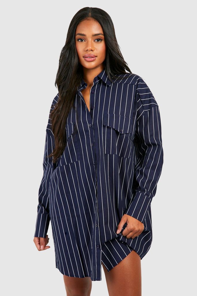 Womens Stripe Oversized Shirt Dress - Navy - 8, Navy