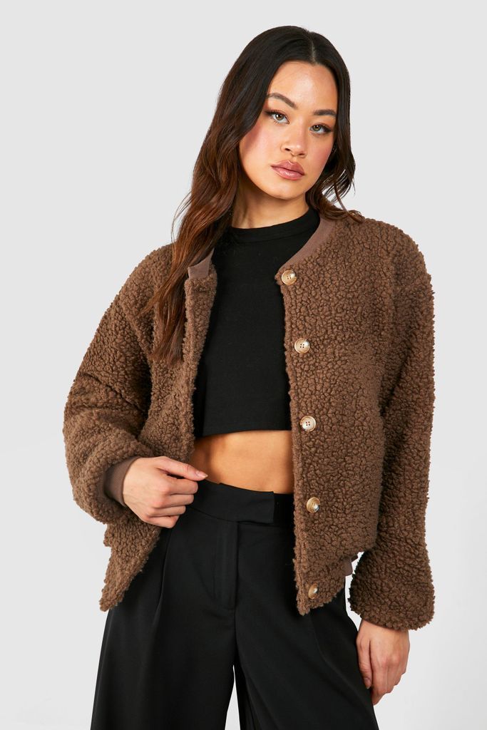 Womens Tall Borg Button Bomber - Brown - 8, Brown