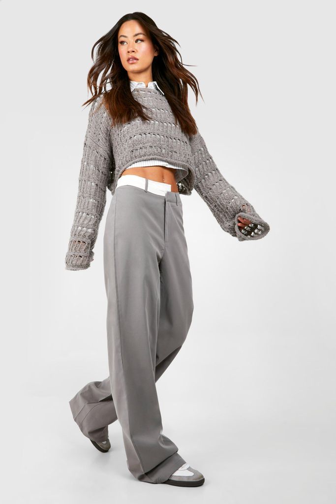 Womens Tall Woven Fold Over Waist Detail Trousers - Grey - 8, Grey