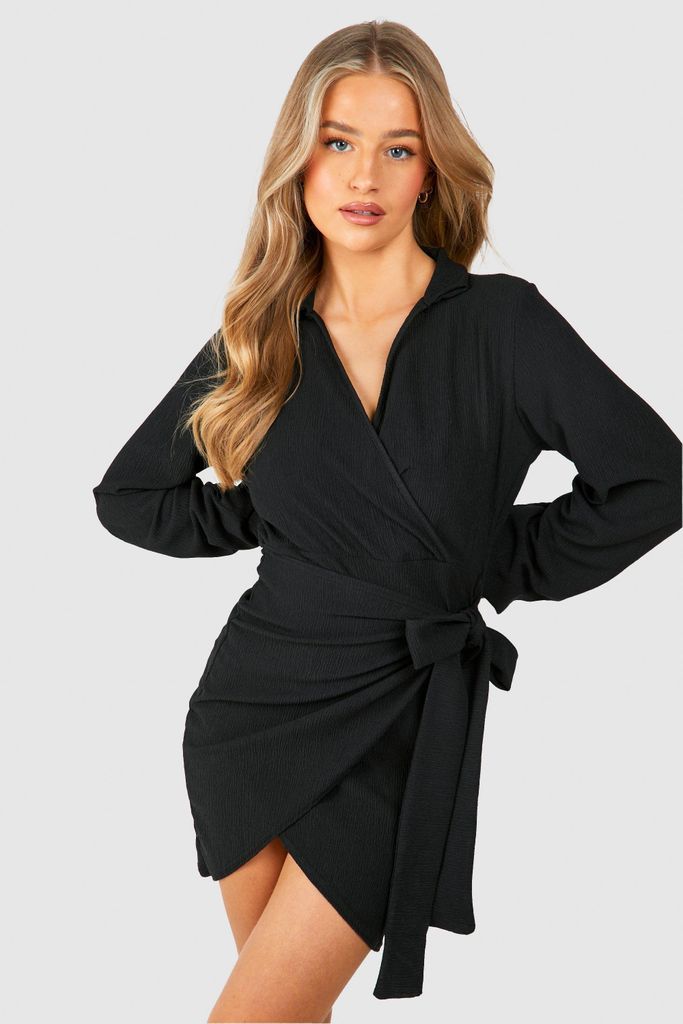 Womens Textured Wrap Mini Shirt Dress - Black - 8, Black