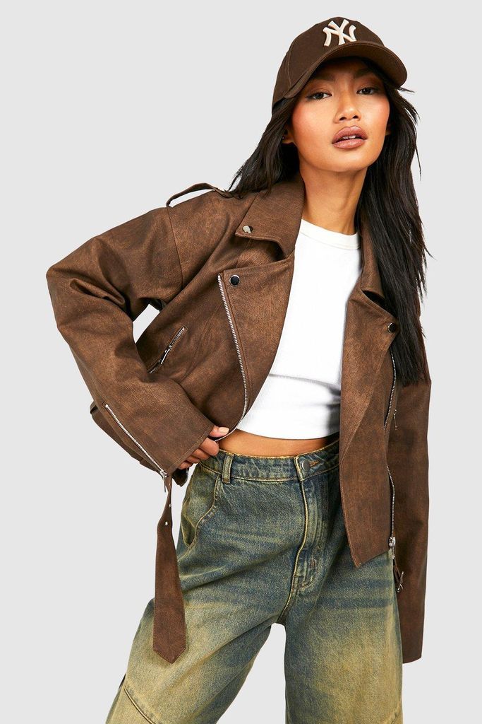 Womens Vintage Look Faux Leather Biker Jacket - Brown - 8, Brown