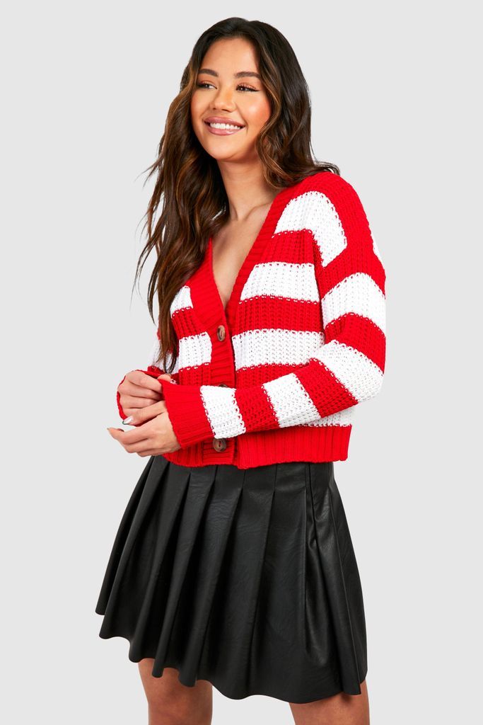 Womens Wide Stripe Button Through Crop Cardigan - Red - S, Red
