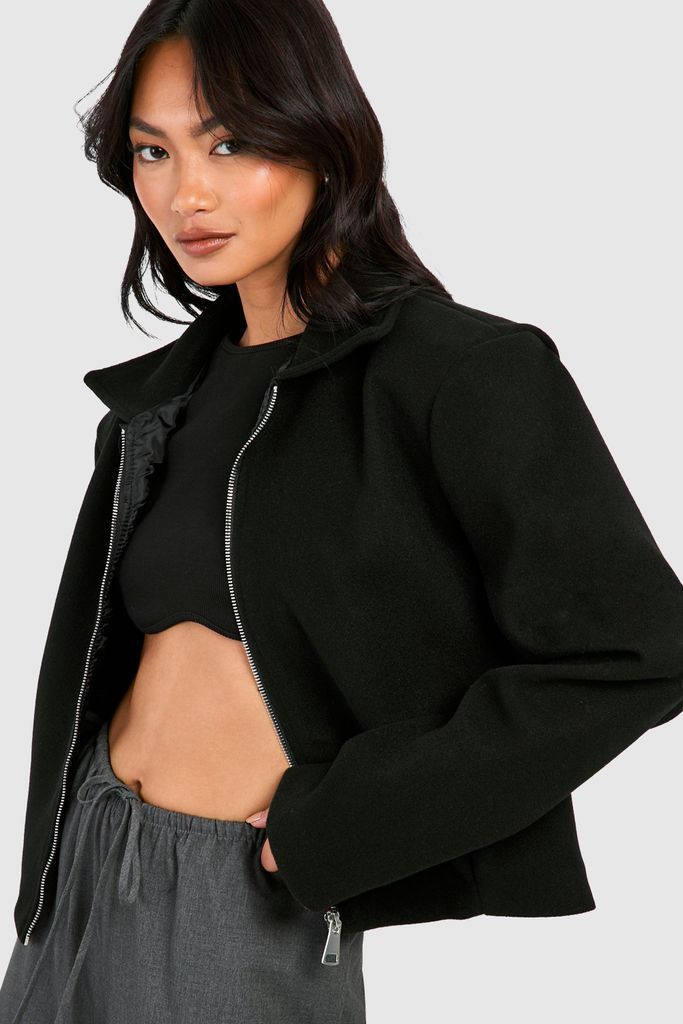 Womens Wool Look Shoulder Pad Detail Jacket - Black - 8, Black