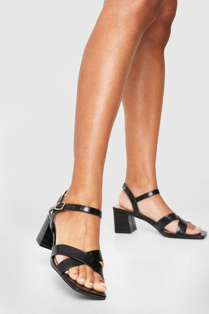 Womens Wide Fit Croc Crossover Low Block Heeled Sandals - Black - 5, Black