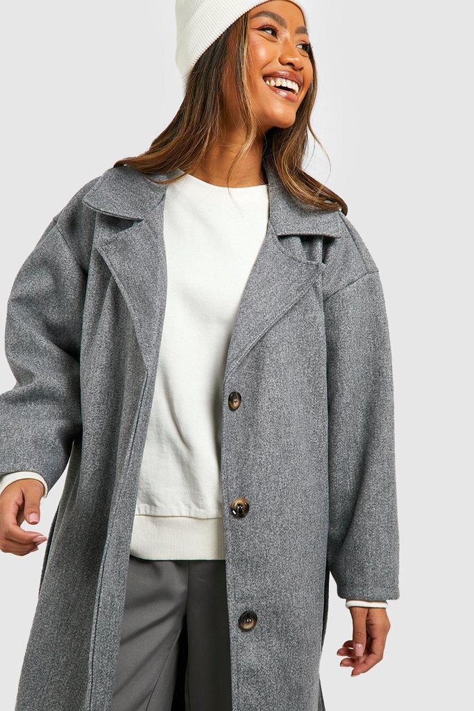 Womens Belted Button Through Wool Look Coat - Grey - 8, Grey
