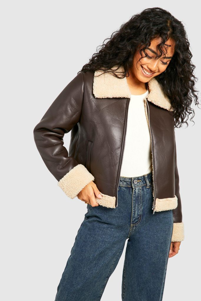Womens Teddy Trim Faux Leather Aviator Jacket - Brown - 12, Brown