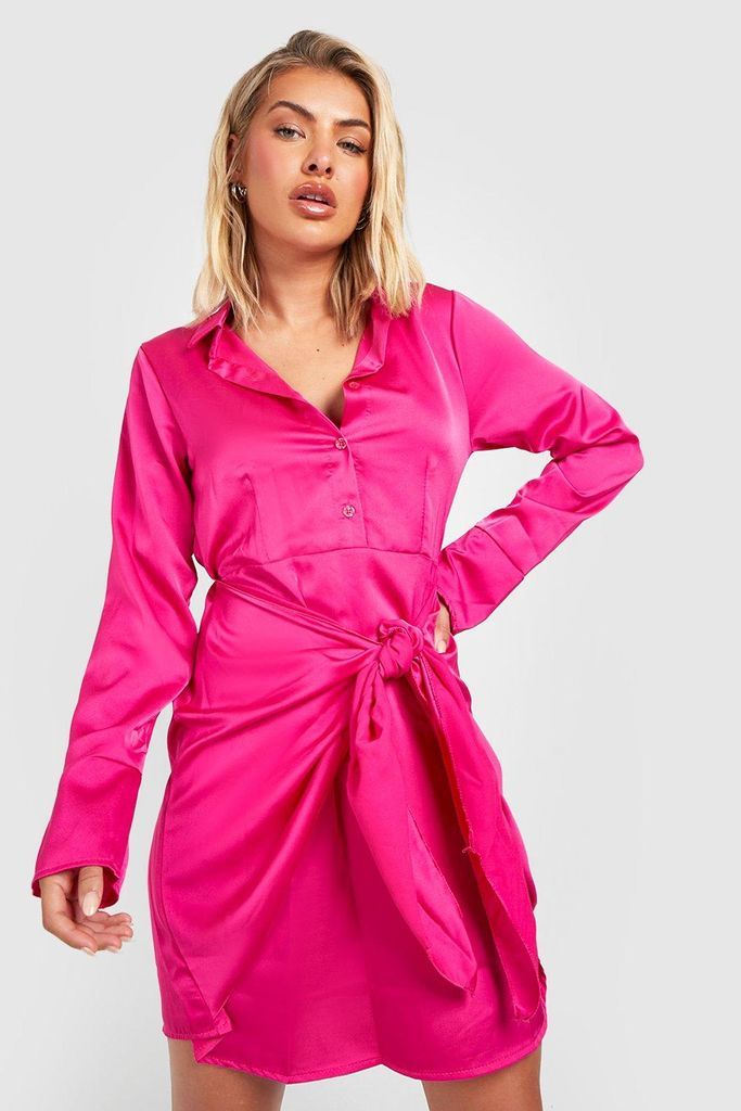 Womens Satin Knot Front Shirt Dress - Pink - 14, Pink