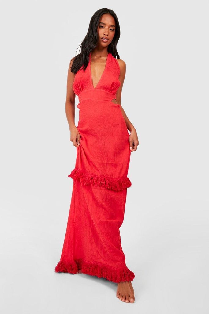 Womens Petite Cheesecloth Plunge Cutout Tassel Maxi Beach Dress - Red - 14, Red