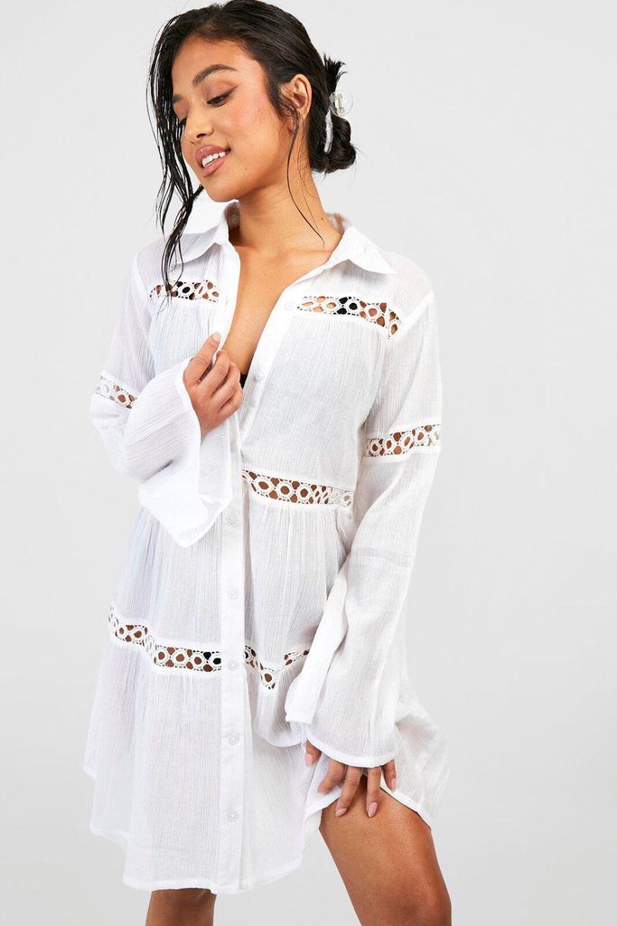 Womens Petite Cheesecloth Trim Beach Shirt Dress - White - 4, White