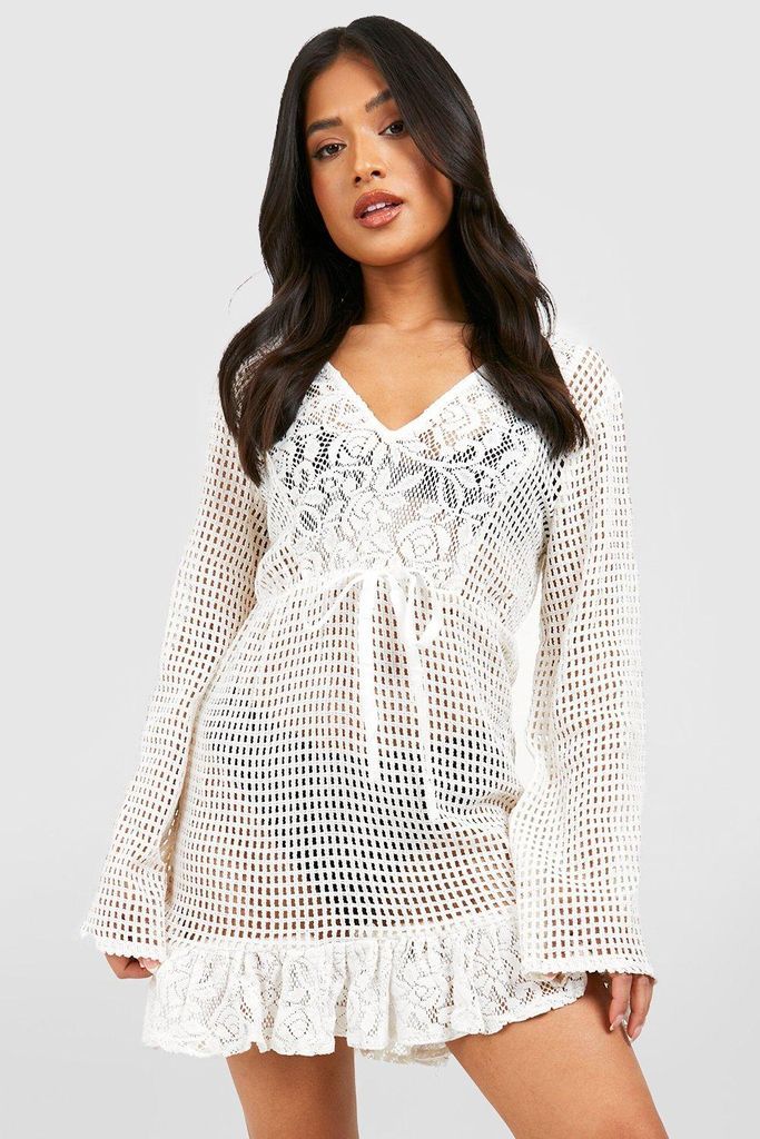Womens Petite Crochet Lace Trim Beach Dress - White - 4, White