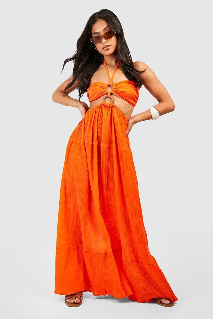 Womens Petite Halter Ring Detail Cheesecloth Beach Maxi Dress - Orange - 10, Orange