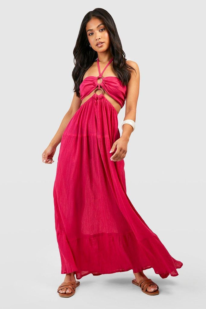 Womens Petite Halter Ring Detail Cheesecloth Beach Maxi Dress - Pink - 12, Pink