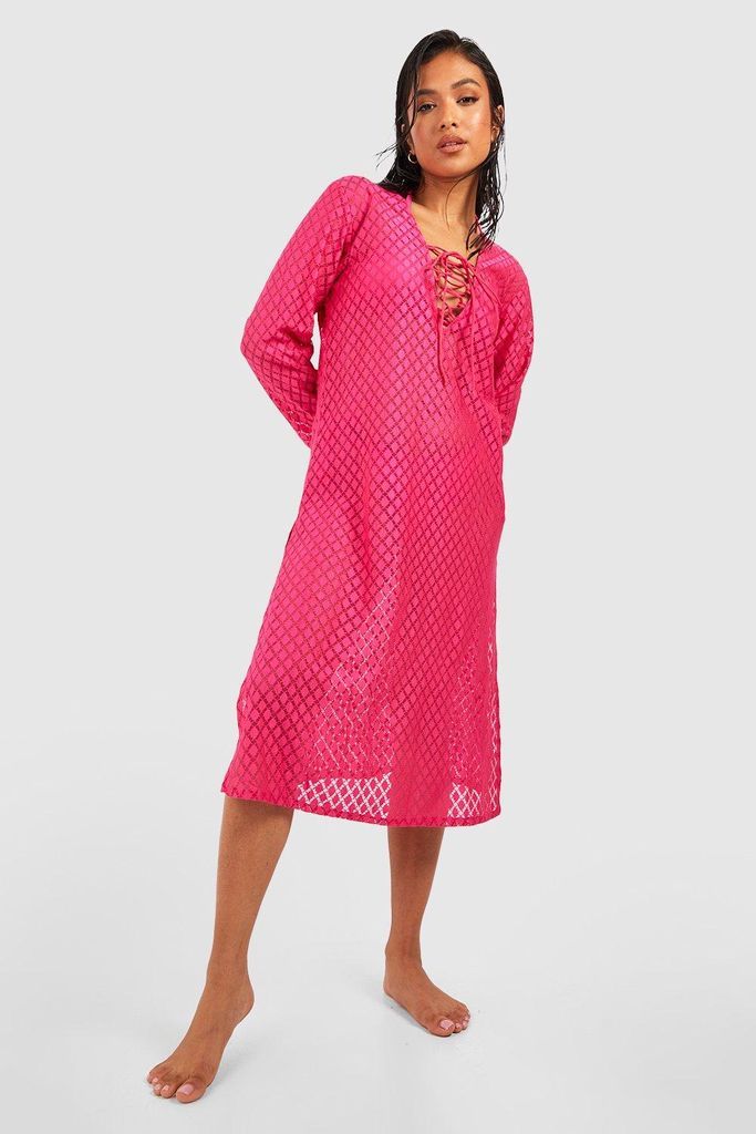 Womens Petite Lace Up Crochet Beach Midi Dress - Pink - 4, Pink
