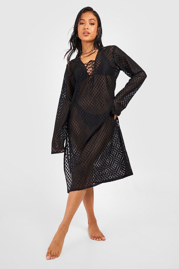 Womens Petite Lace Up Crochet Beach Midi Dress - Black - 4, Black