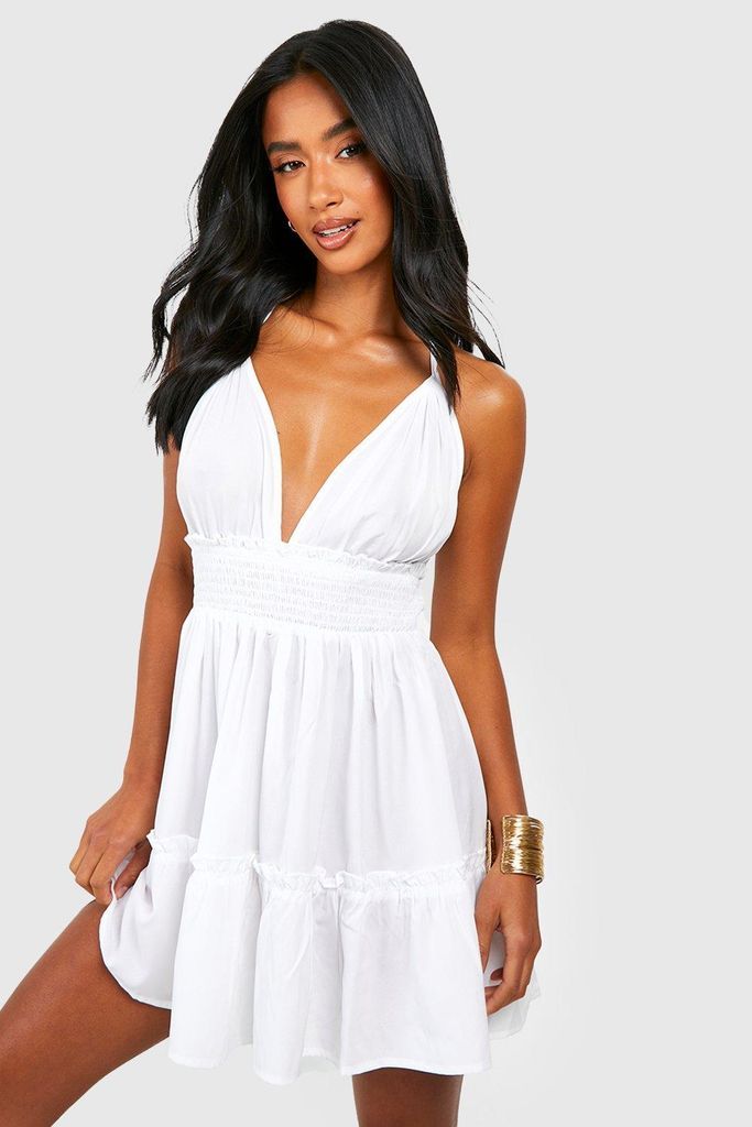 Womens Petite Ruched Waist Frill Halter Neck Beach Dress - White - 12, White