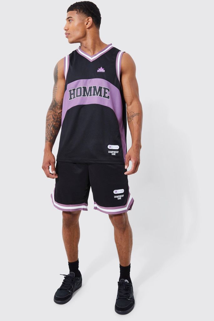 Men's Homme Mesh Basketball Vest & Short Set - Black - M, Black