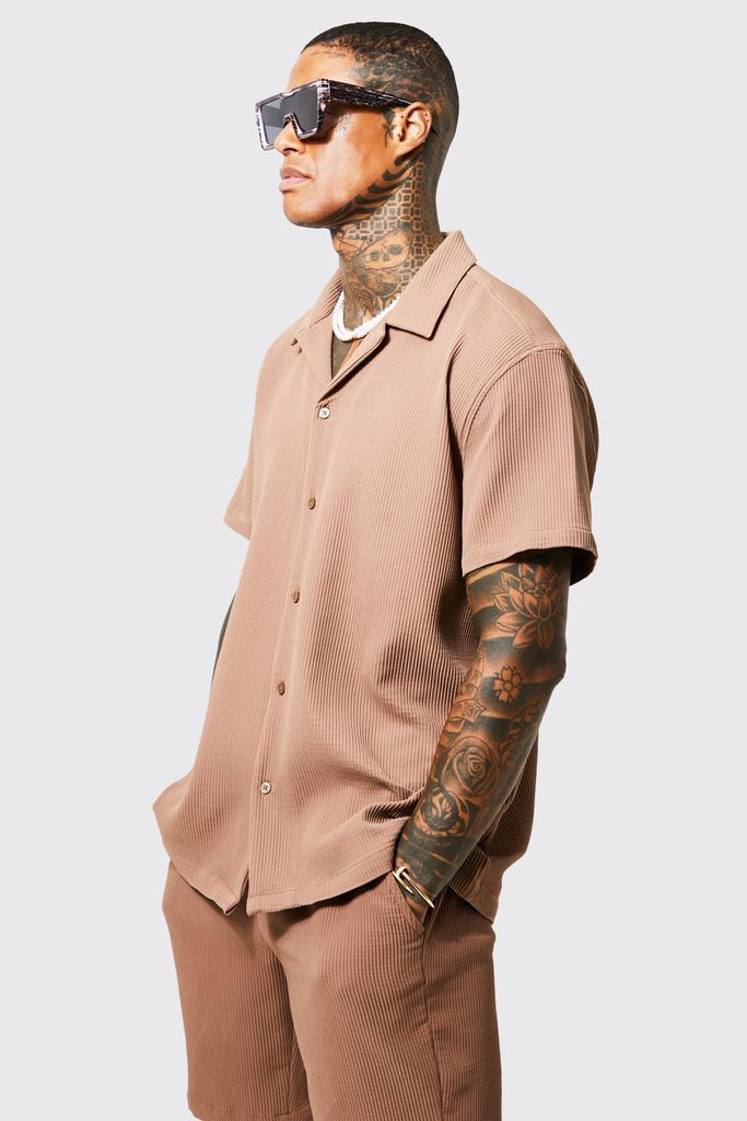 Men's Short Sleeve Oversized Pleated Shirt & Short Set - Brown - S, Brown