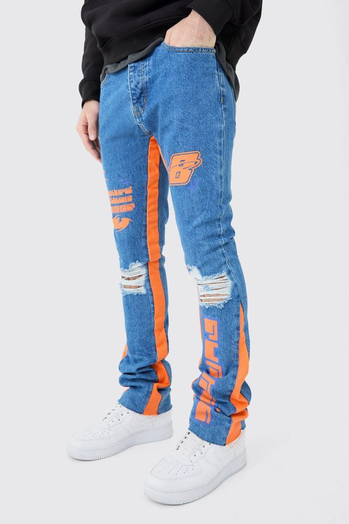 Men's Skinny Flare Printed Jeans - Blue - 28R, Blue
