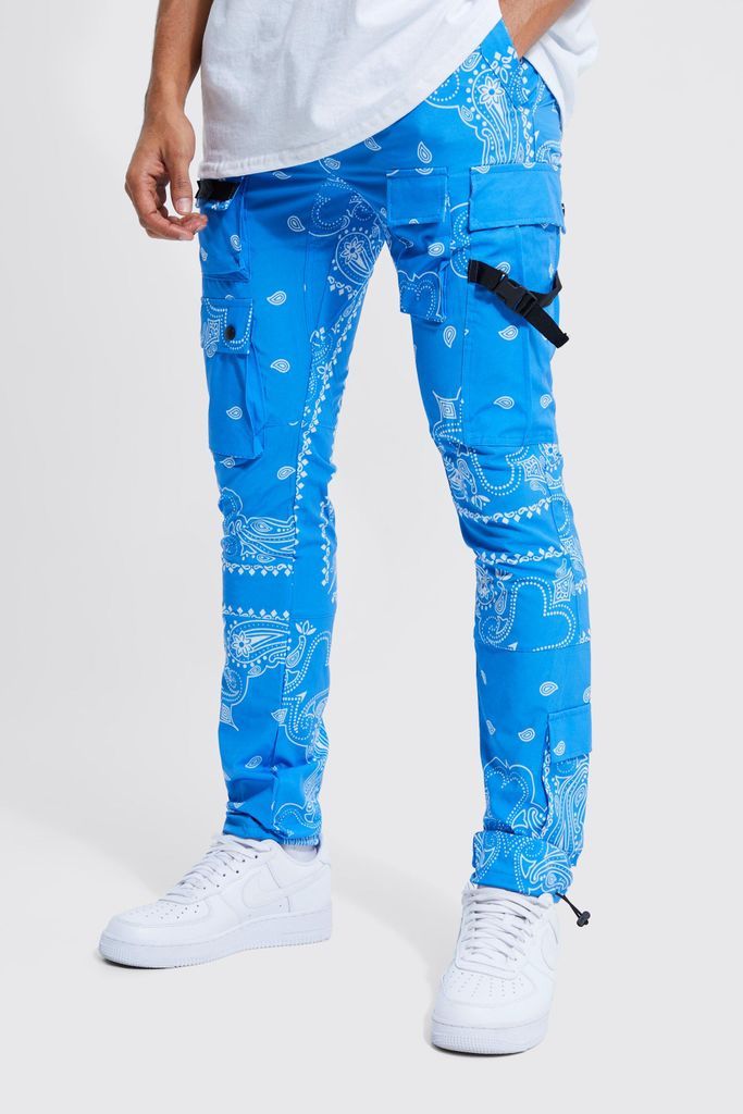 Men's Elastic Waist Slim Fit Strap Detail Bandanna Print Cargo Trousers - Blue - Xl, Blue