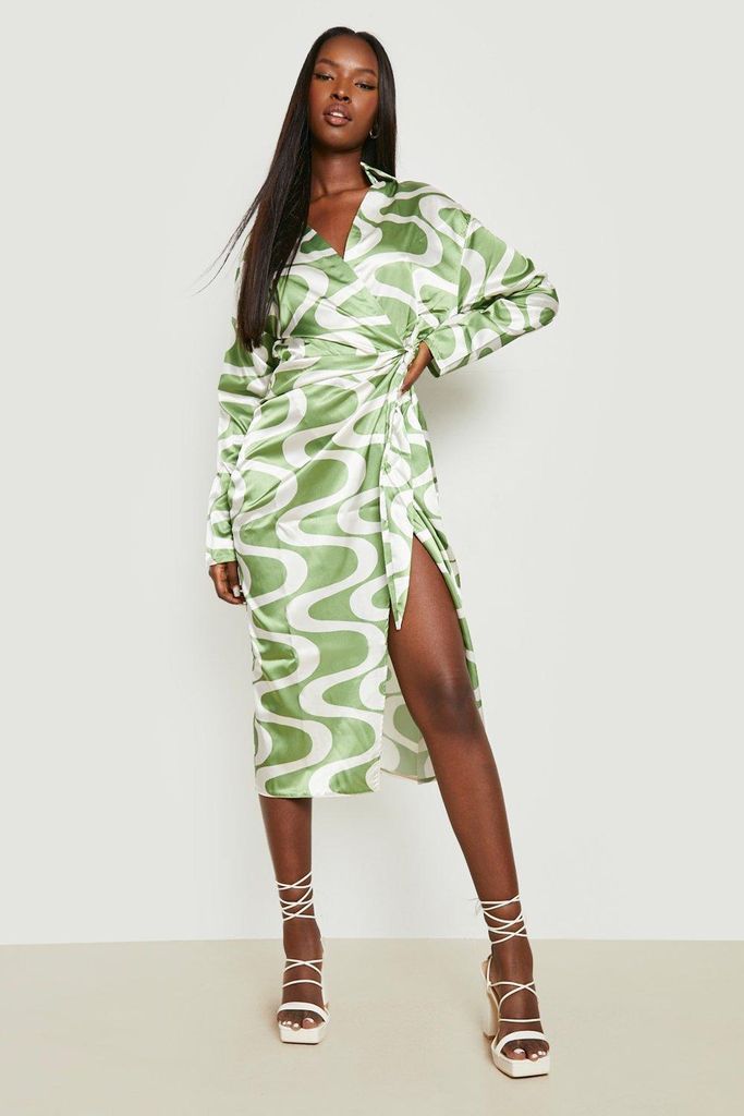 Womens Wave Printed Satin Wrap Midi Dress - Green - 16, Green