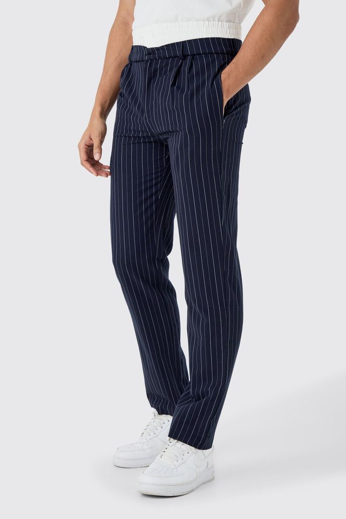 Men's Boxer Waistband Pinstripe Tailored Trousers - Navy - 28, Navy