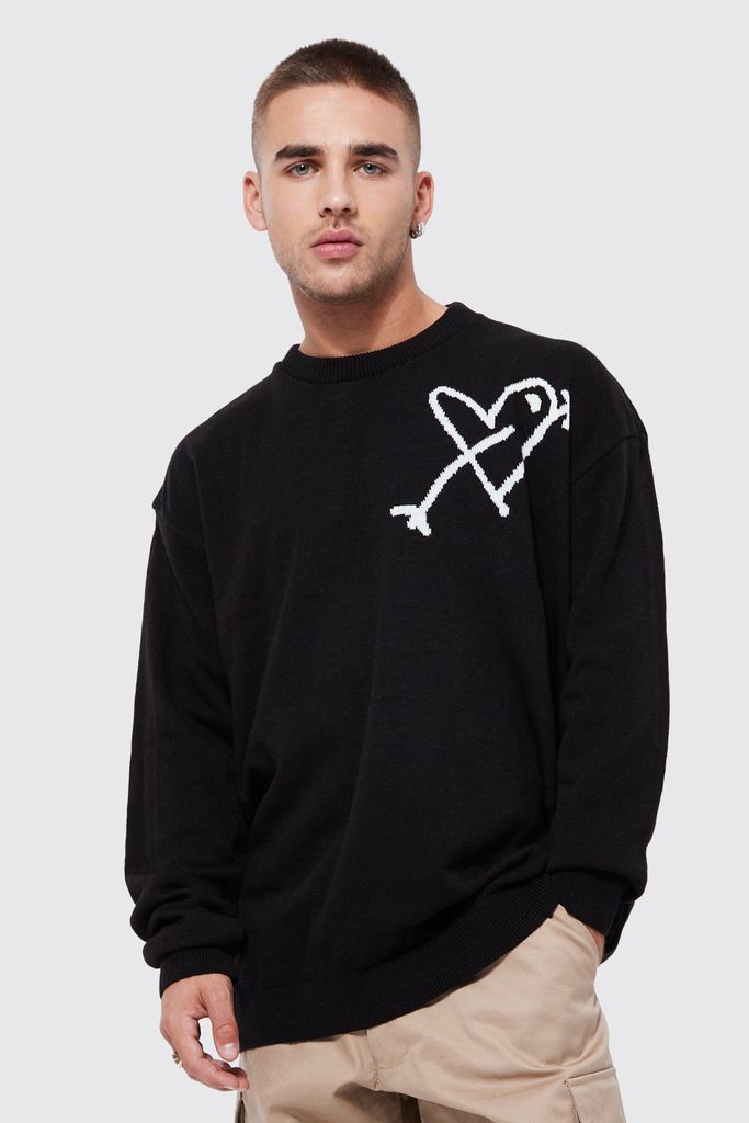 Men's Oversized Line Drawing Heart Knitted Jumper - Black - Xs, Black