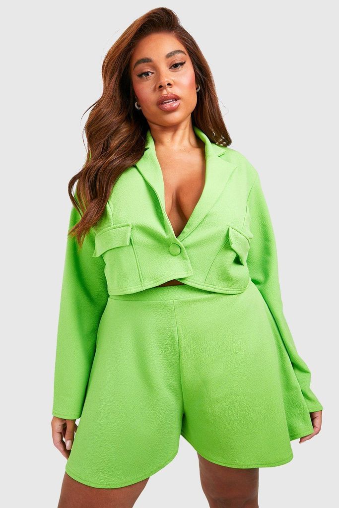 Womens Plus Crepe Pocket Detail Cropped Blazer - Green - 16, Green