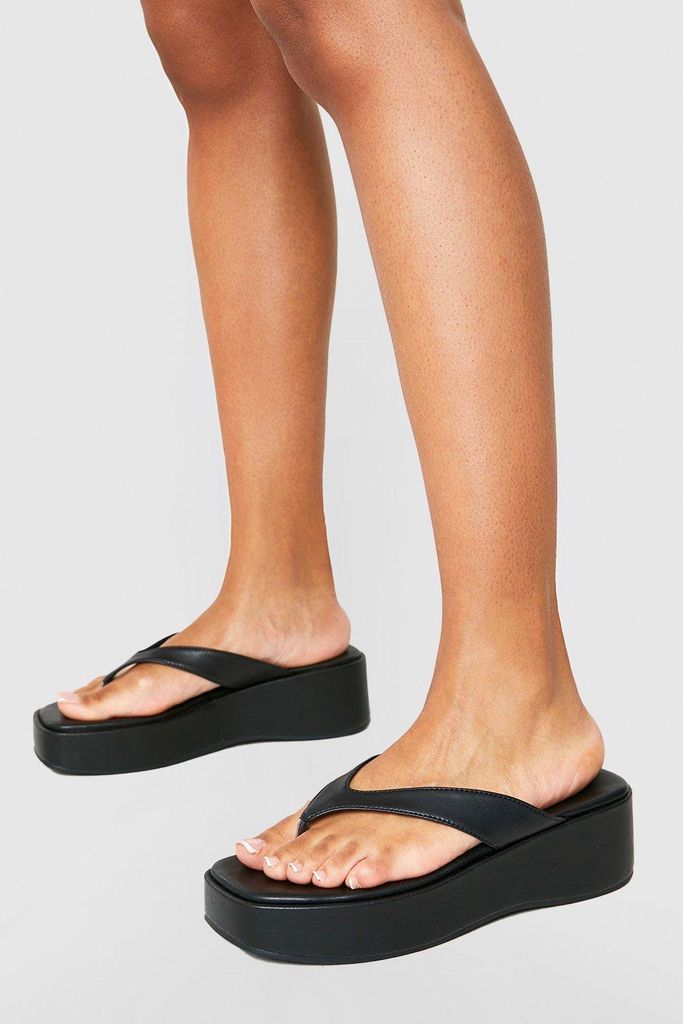 Womens Toe Post Chunky Flatform Sandals - Black - 5, Black