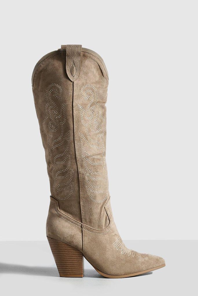 Womens Embroidered Knee High Western Cowboy Boots - Beige - 4, Beige