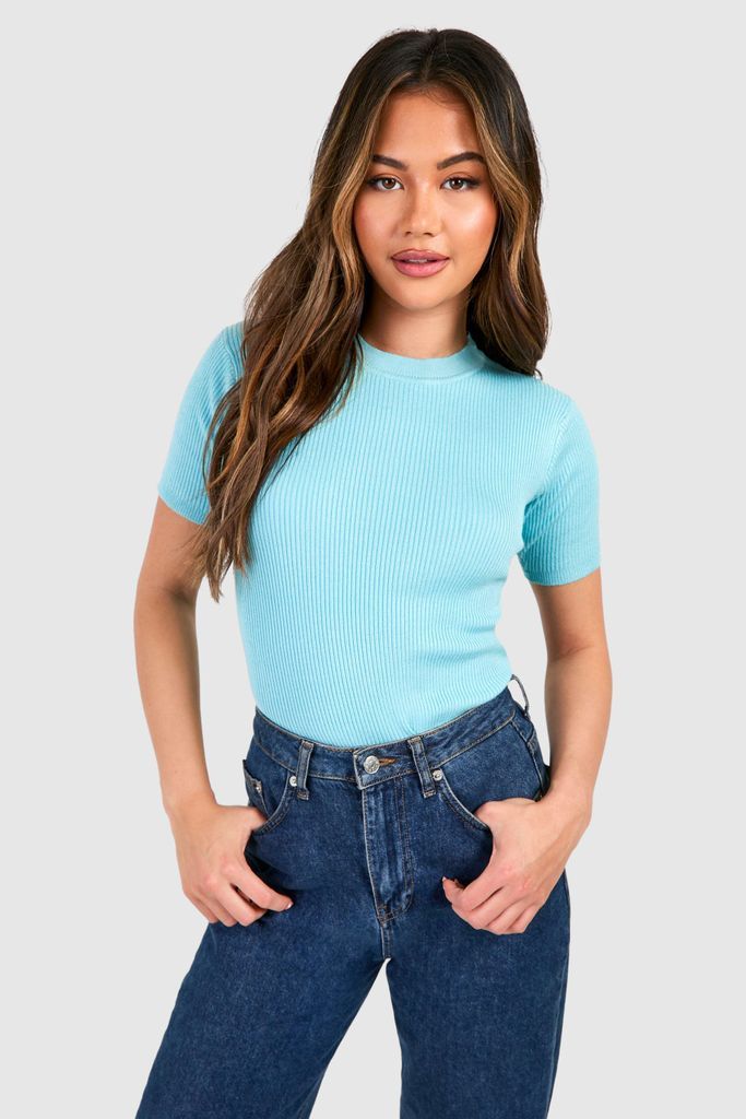 Womens Rib Knit Crew Neck Short Sleeve Knitted Top - Blue - S, Blue