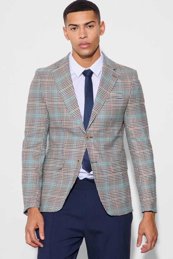 Men's Slim Single Breasted Check Suit Jacket - Brown - 34, Brown