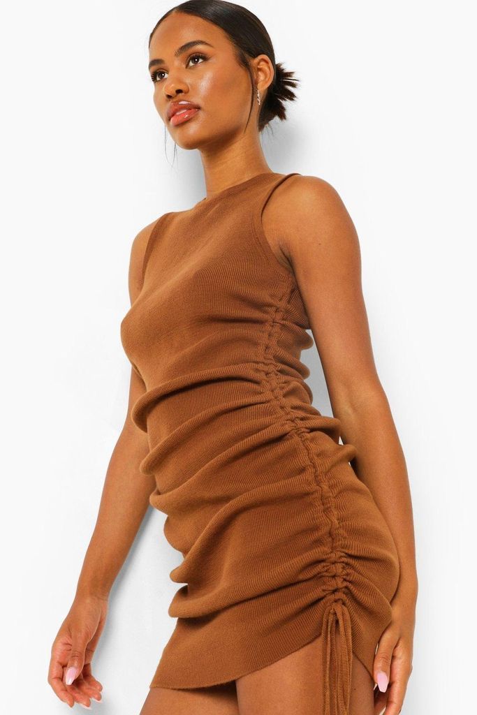 Womens Ruched Side Fine Knit Dress - Brown - 10, Brown