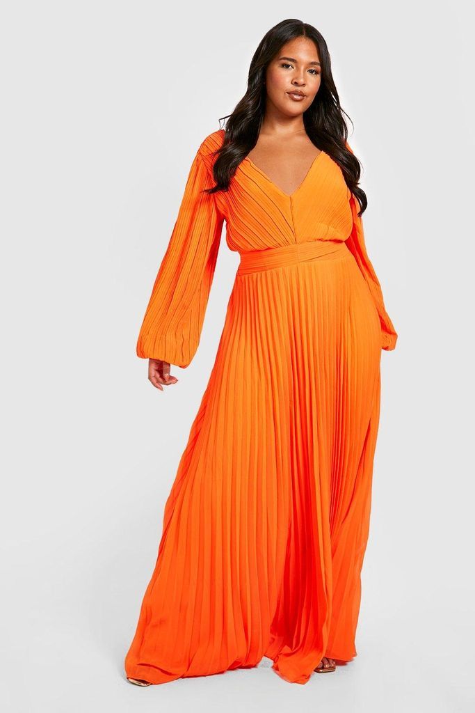 Womens Plus Pleated Chiffon Plunge Maxi Dress - Orange - 18, Orange