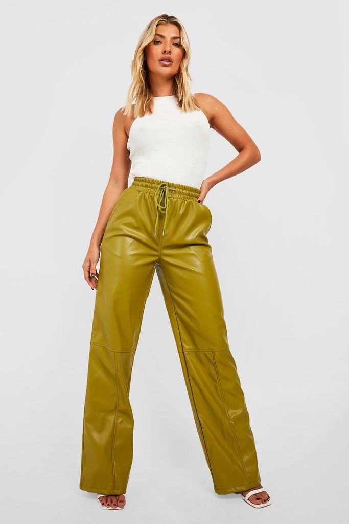 Womens Wide Leg Faux Leather Drawstring Trousers - Green - 6, Green