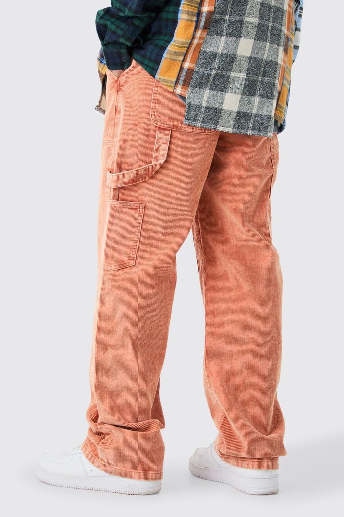 Men's Baggy Carpenter Acid Wash Cord Trouser In Burnt Orange - 28R, Orange