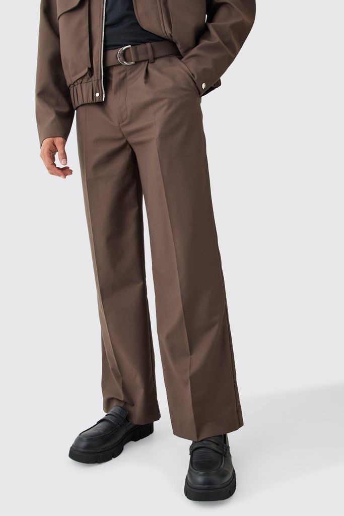 Men's Belted Tailored Wide Leg Trousers - Brown - 28, Brown