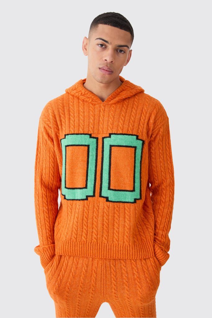 Men's Boxy 00 Brushed Cable Knitted Hoodie - Orange - S, Orange