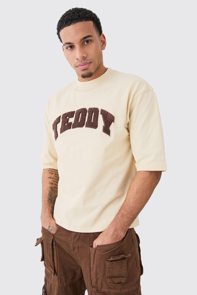 Men's Boxy Half Sleeve Borg Applique T-Shirt - Brown - S, Brown