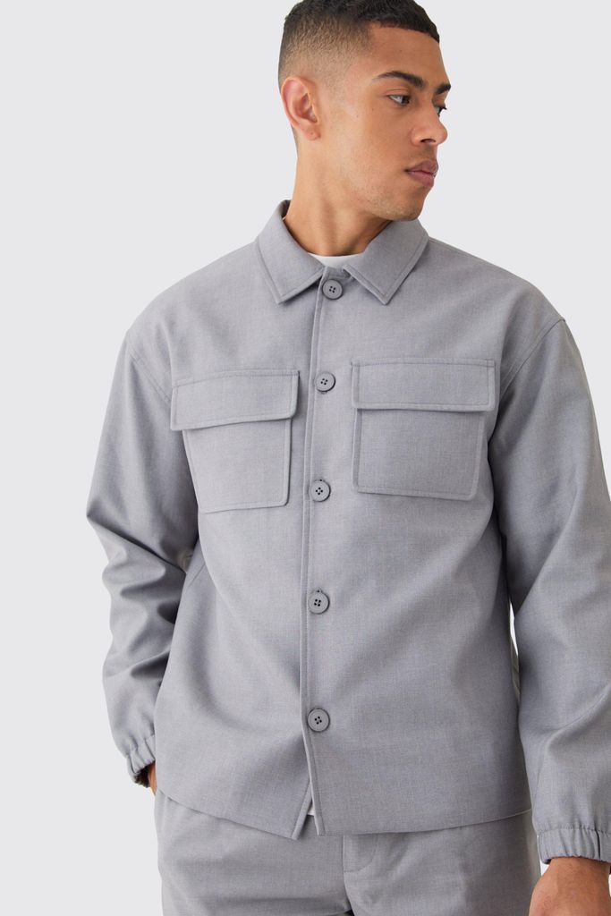 Men's Cargo Pocket Regular Fit Tailored Overshirt - Grey - 34, Grey