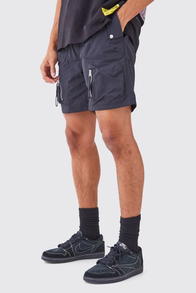 Men's Elastic Waist Relaxed Pocket Detail Shorts - Black - S, Black